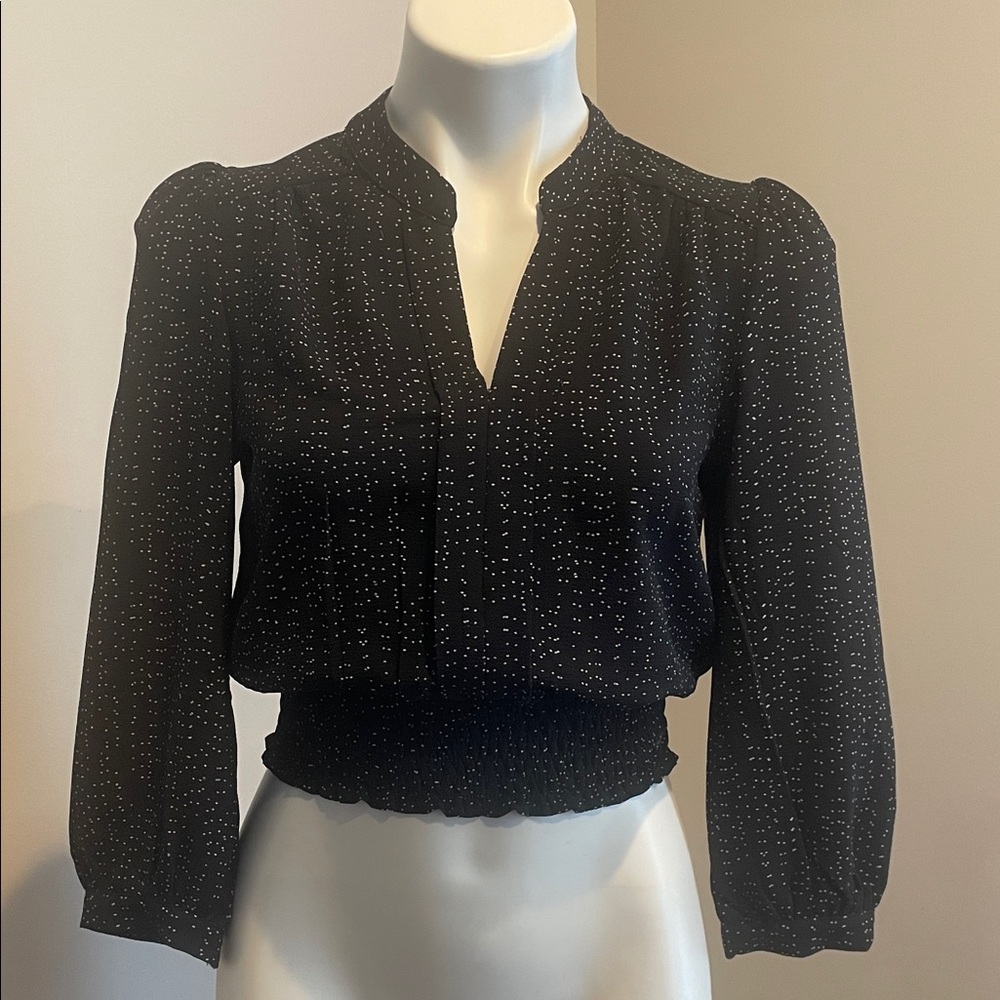 Black Polka Dot Long-Sleeve Smocked Waist Blouse